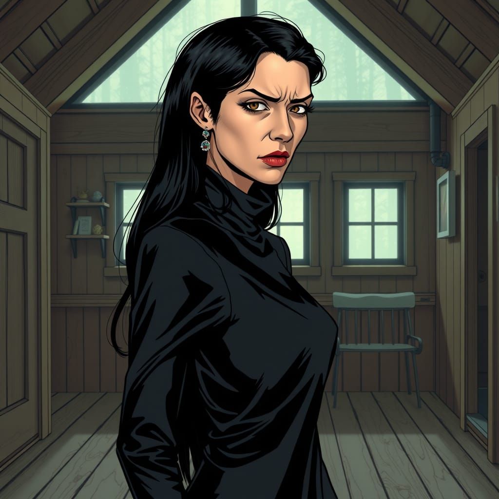 Frowning Woman in Black Dress, Comic Book Style