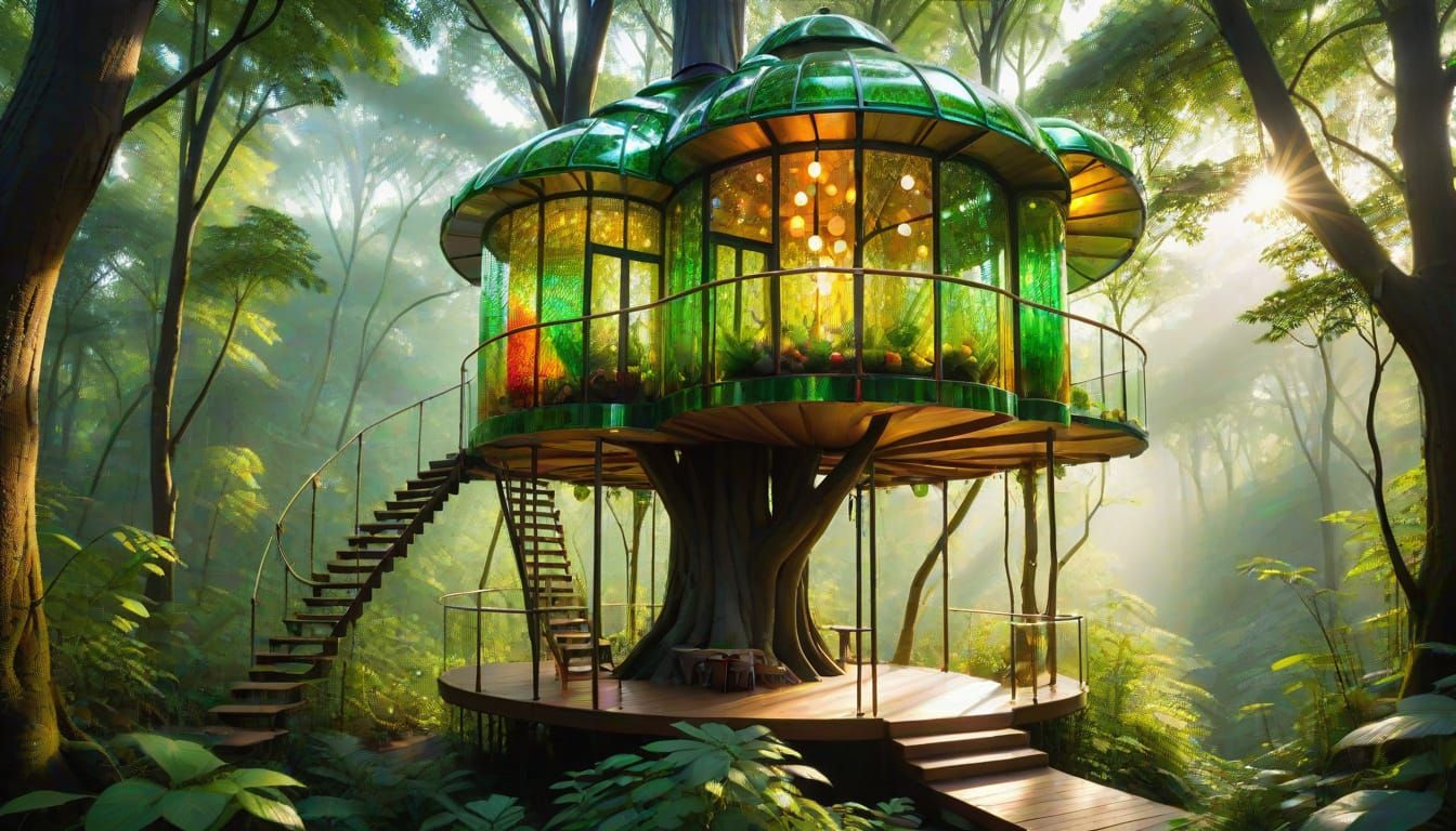 Eco-Friendly Glass Treehouse in Whimsical Forest Setting