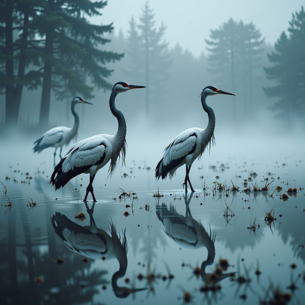 Cranes in a Lake at Dawn