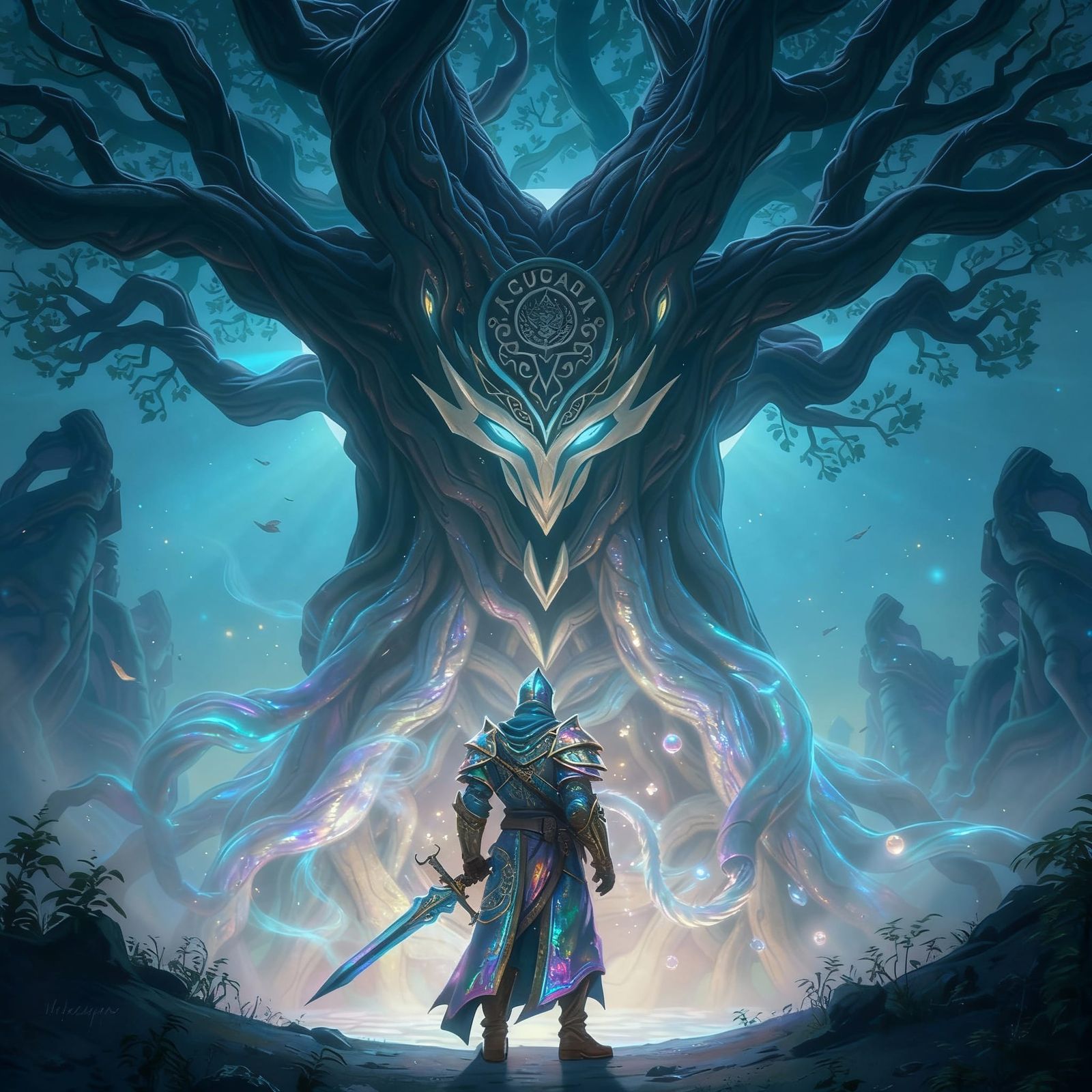 Knight Guards Ethereal Tree in Mysterious Concept Art