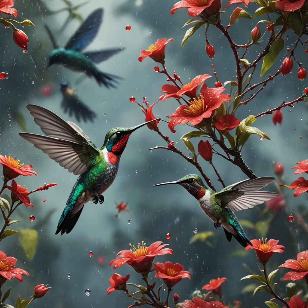 Hummingbird Nectaring on Dewy Red Flower