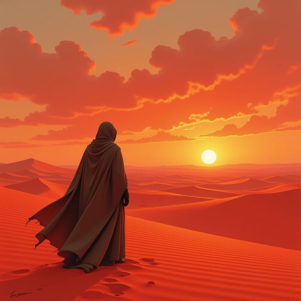 Crimson Desert Wanderer Under Burning Sky