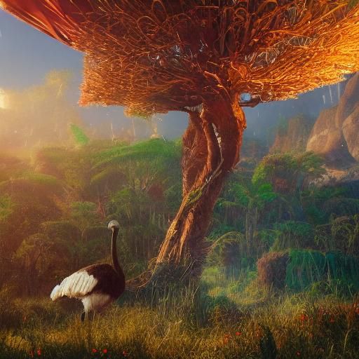 Ostrich in a Vibrant Savannah: Digital Matte Painting