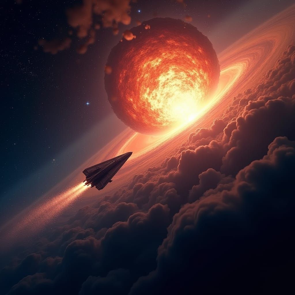 Speeding Spacecraft Leaving Stardust Trail Near Supernova