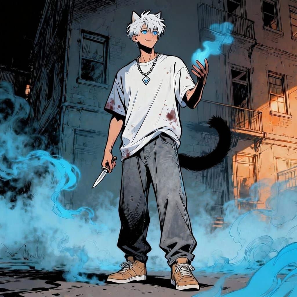 Casual Man with Cat Eyes Twirls Dagger in Comic Style