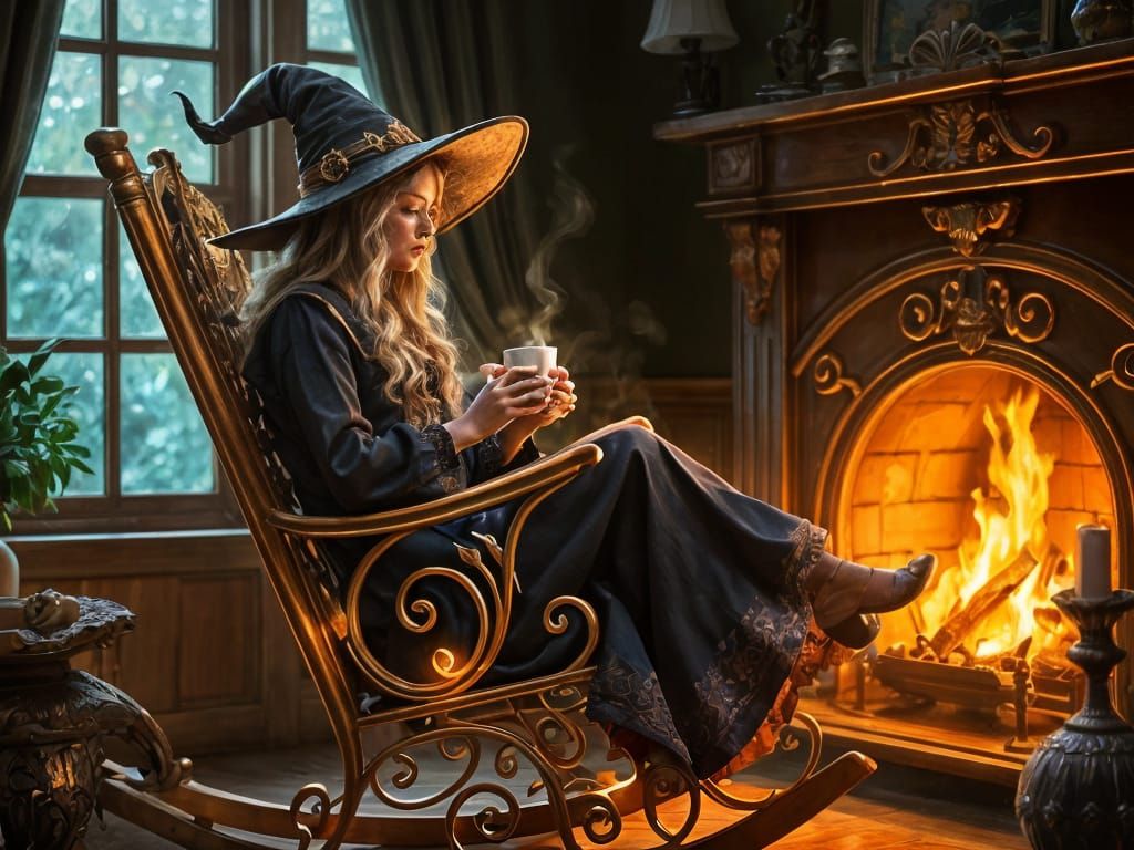 Cozy Witch Scene with Golden Rocking Chair