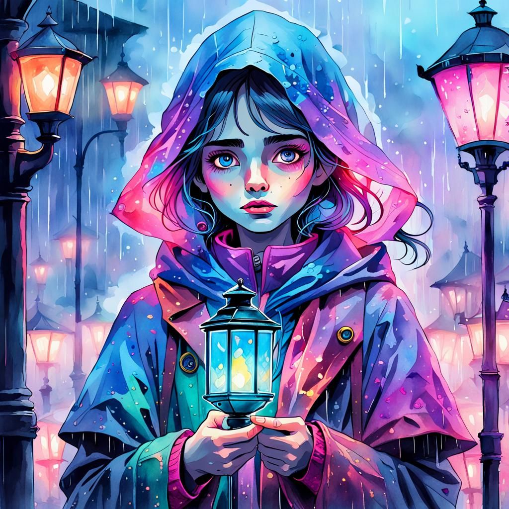 Mystical Woman in Rainy Watercolor Fantasy Art