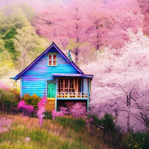 Cabin in Blossom Valley: Watercolor Pastel Landscape