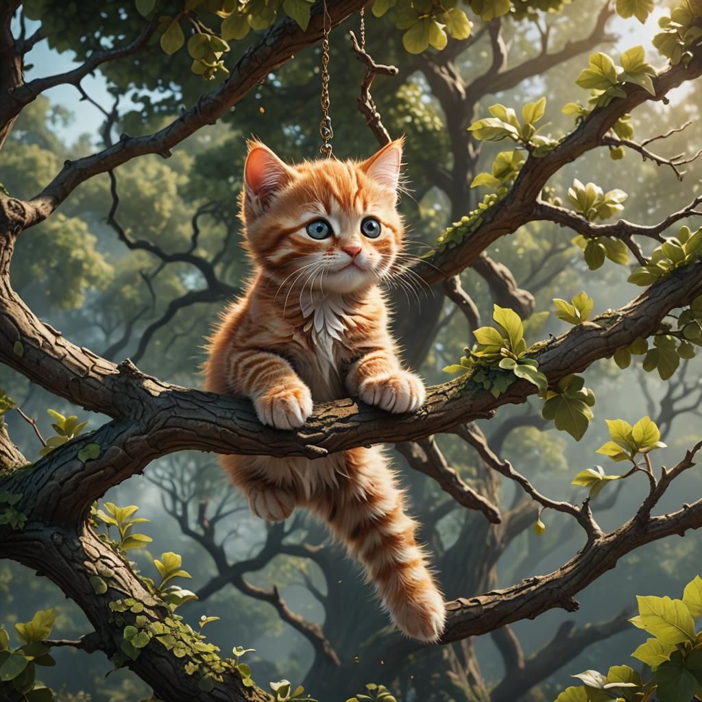 Ginger Kitten Hanging on Oak Branch: Matte Painting