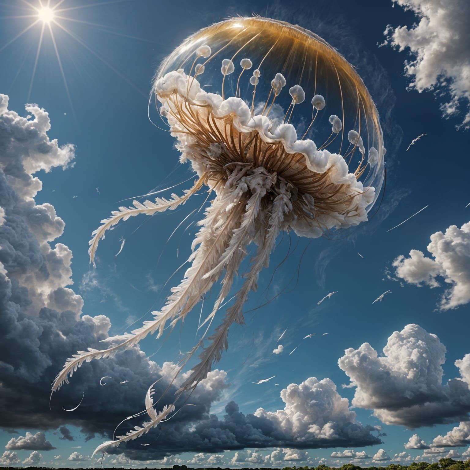Surreal Jellyfish Ascend into Sunny Skies with Feathery Tend...