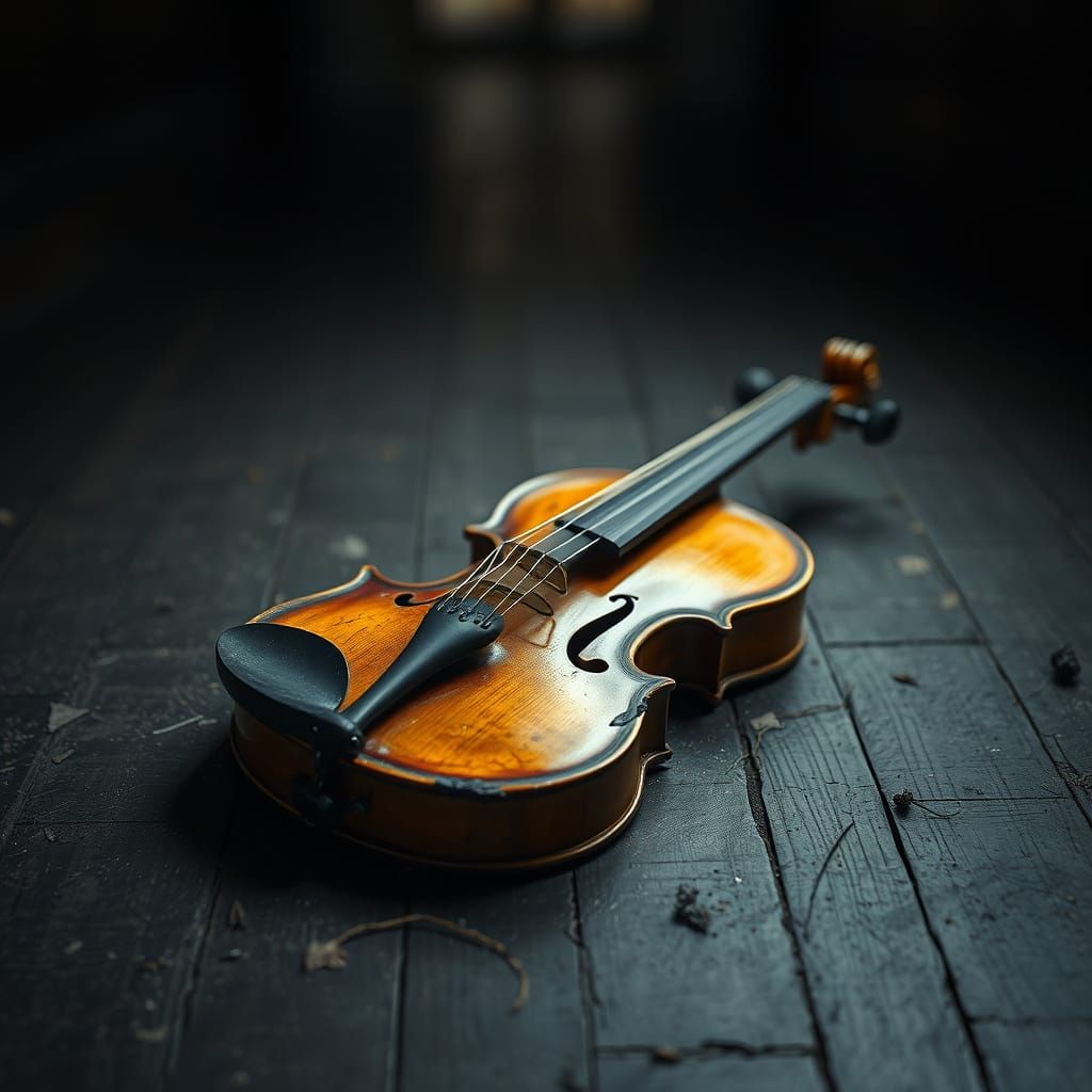 Shattered Stradivarius in a Haunting, Surreal Scene