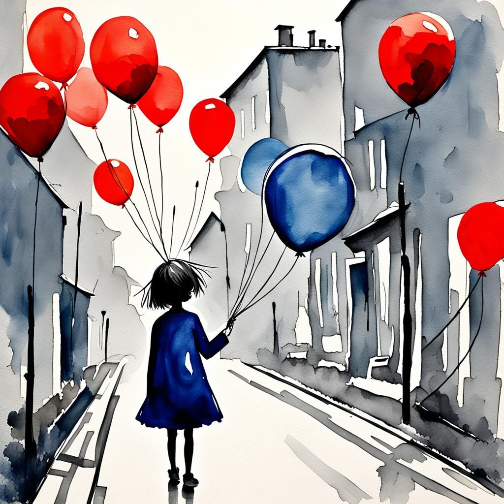 Girl with Red Balloon in Expressionist Watercolor