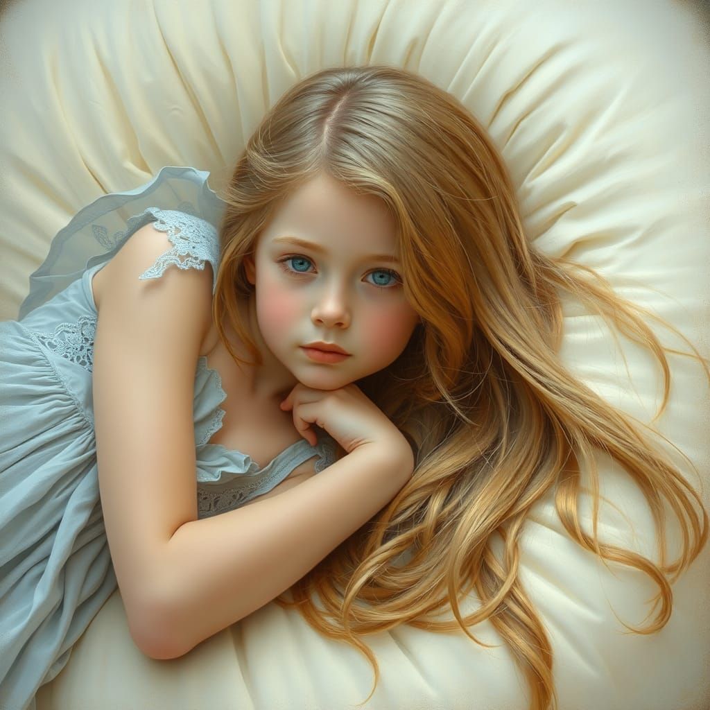 Girl in Blue Dress on Foam, Dreamy Digital Art