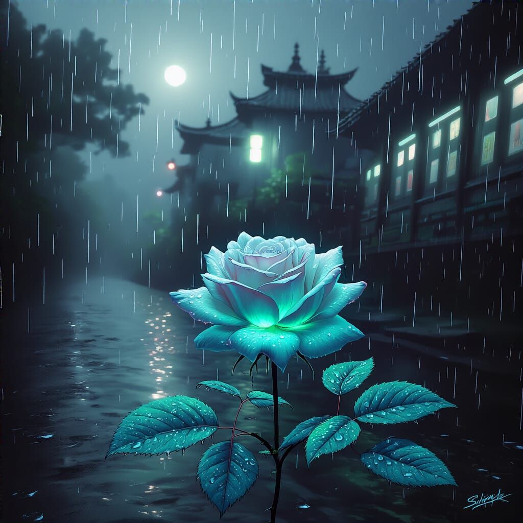 Bioluminescent Rose Emits Ethereal Glow on Rainy Day