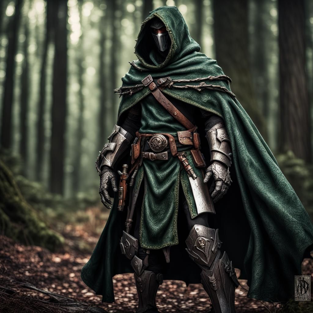 Hyperrealistic Warforged Rogue in Dark Woodland