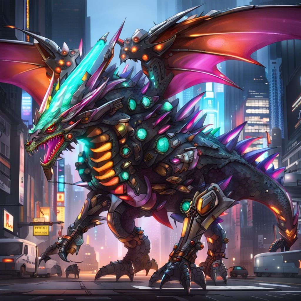 Massive Mecha Dragon with Neon Titanium Scales