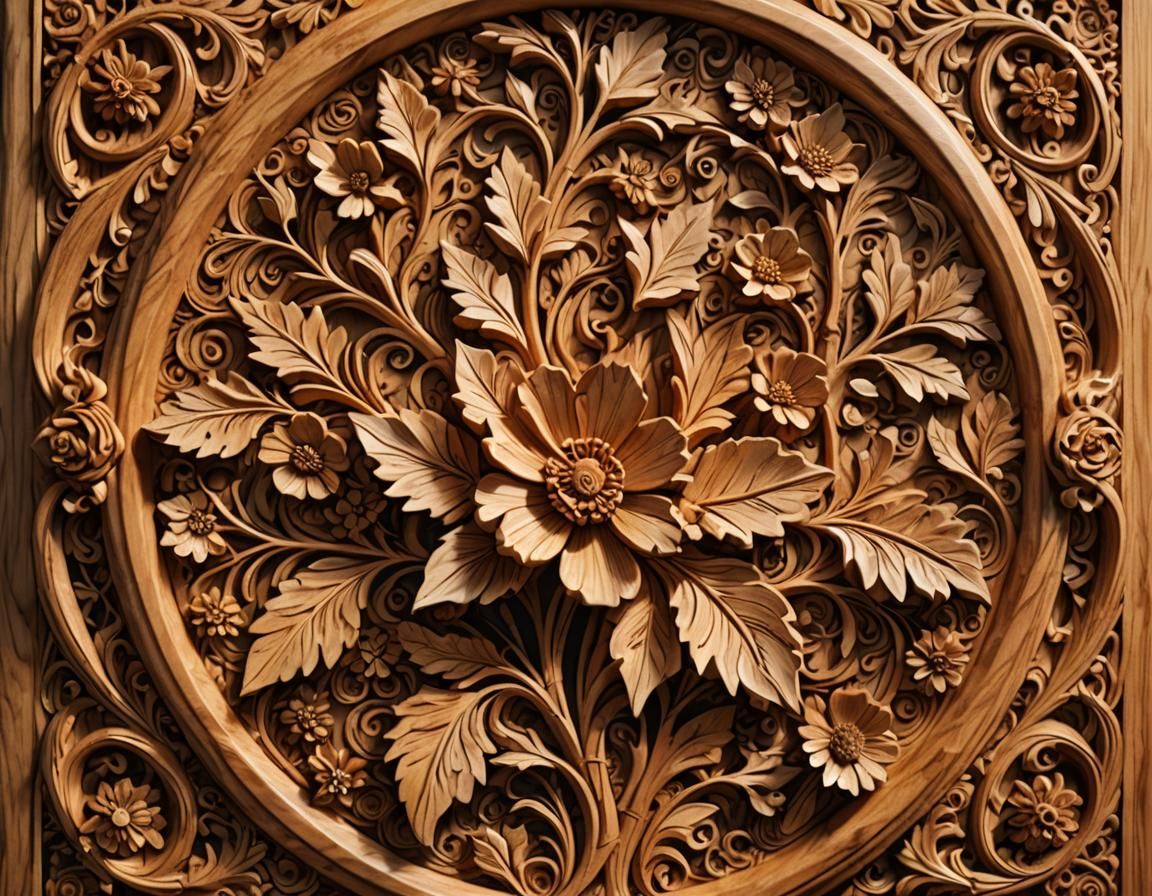Floral Wood Carving in Golden Hour Light