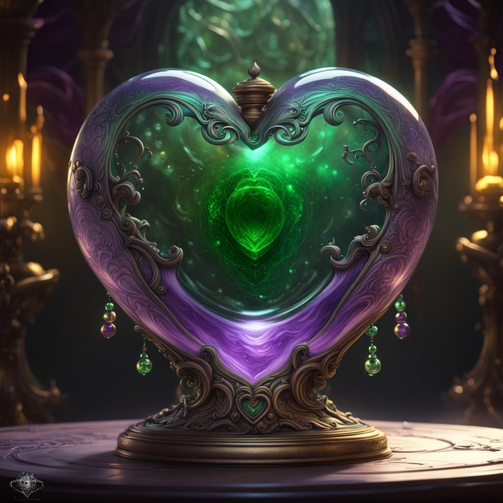 Green Wolf in Glass Heart, Dark Fantasy Art