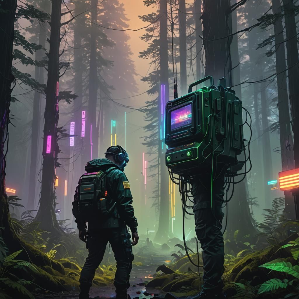 Cyberpunk Radio in Foggy Forest: Concept Art
