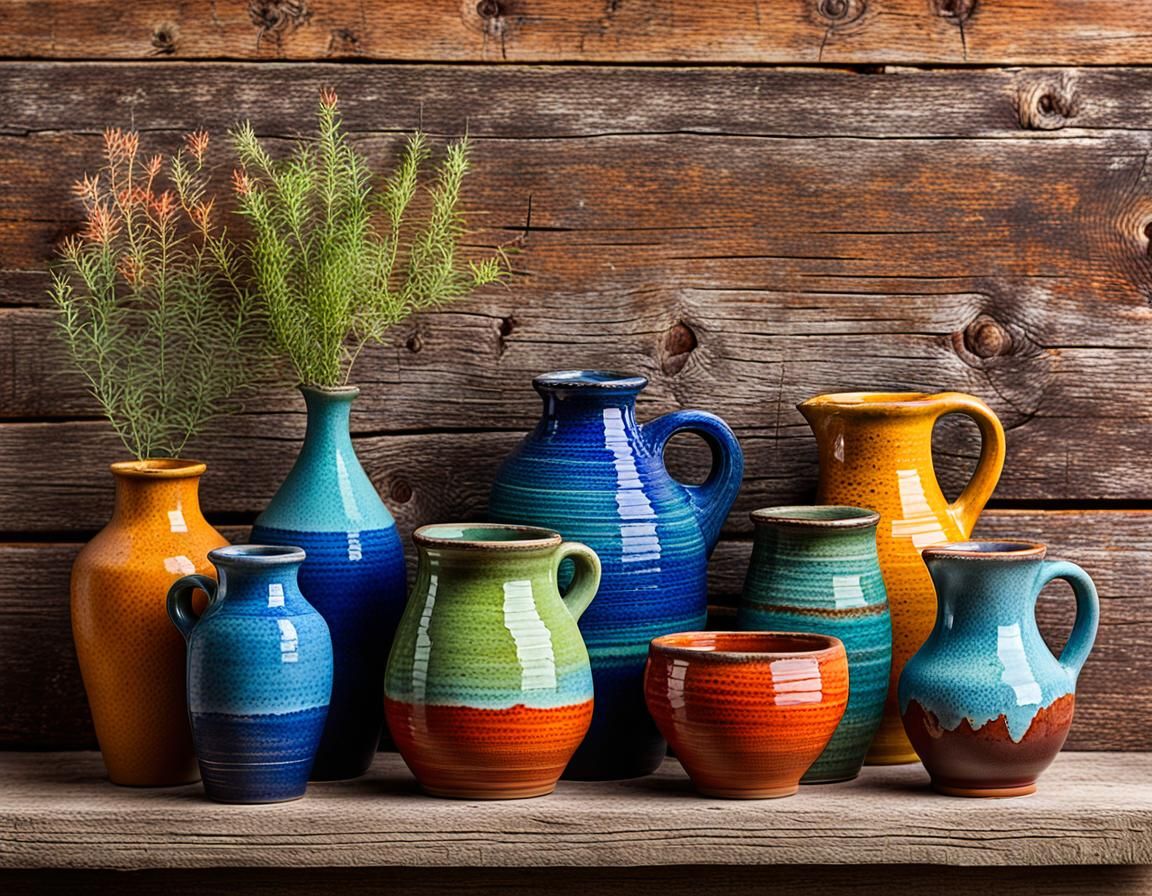 Colorful Pottery Collection on Rustic Shelf