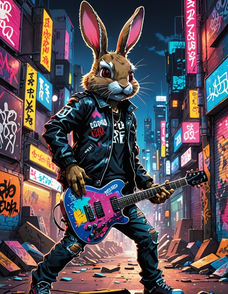 Anime Punk Rock Rabbit in Cyberpunk Tokyo