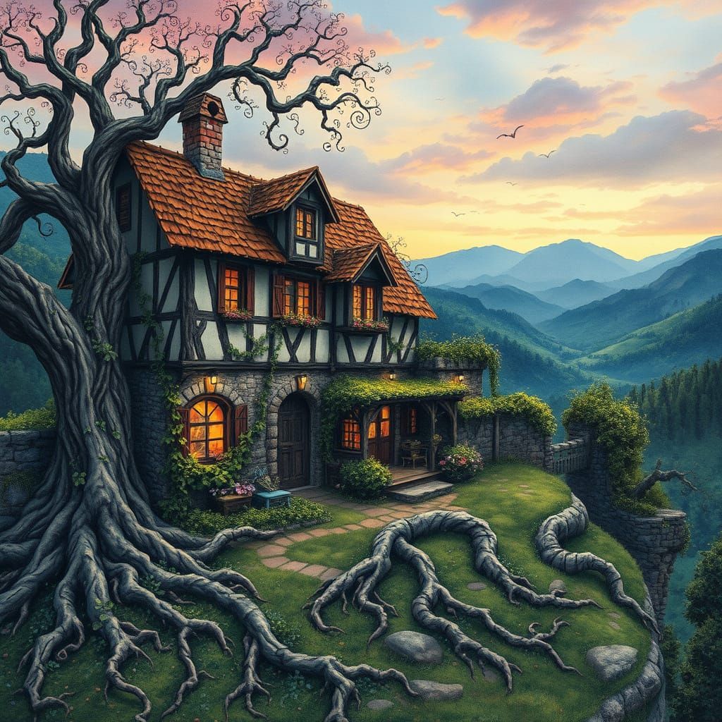 Enchanted Valley Farmhouse in Whimsical Watercolor and Alcoh...