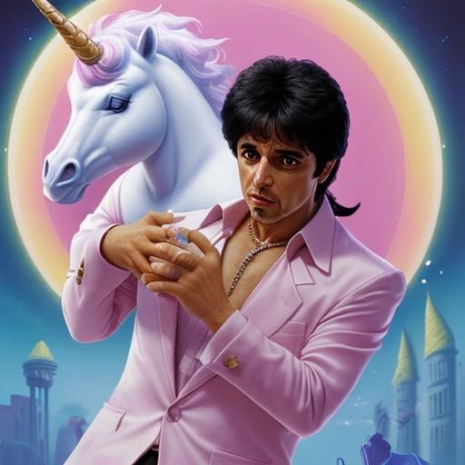 scarface Tony Montana  dancing with a unicorn