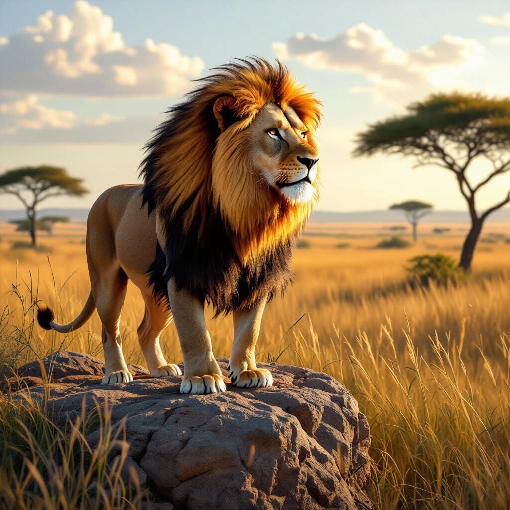 Lion with Flaming Mane Overlooking Savannah