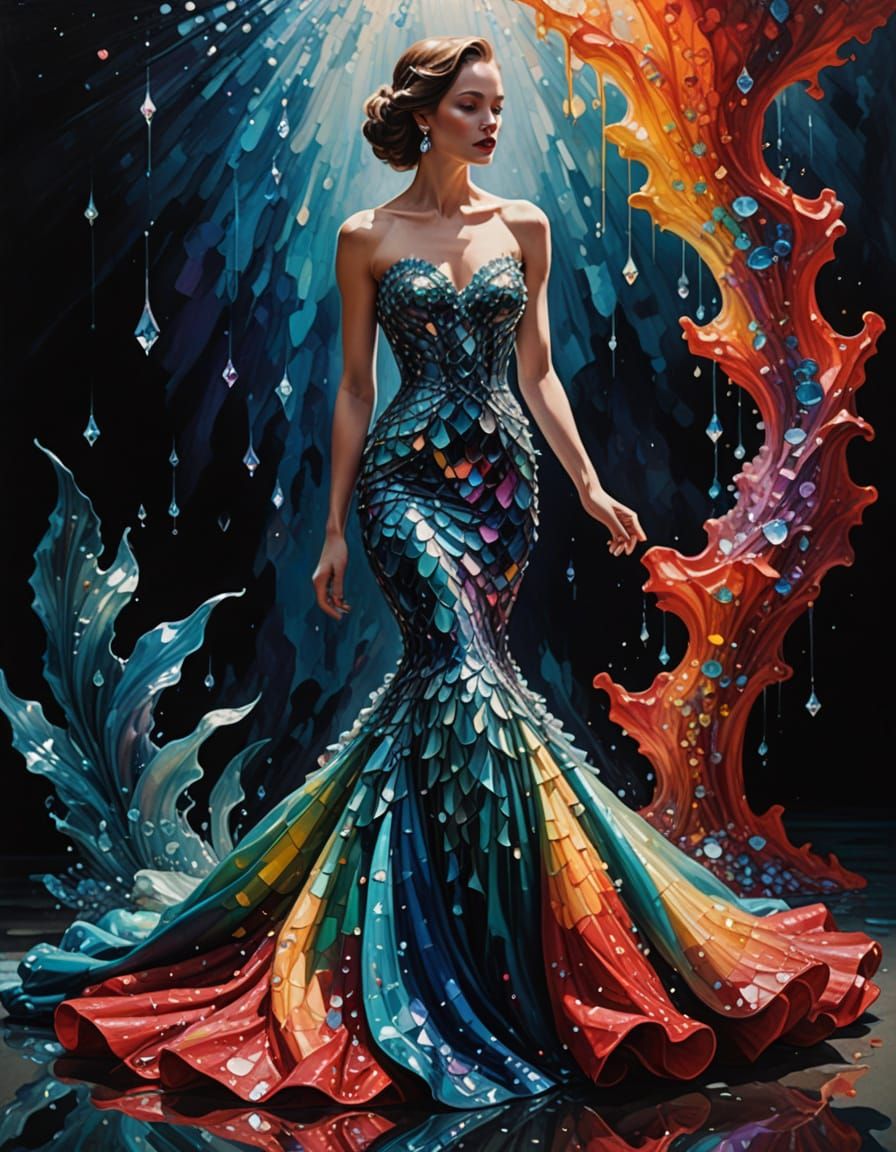 Woman in Crystal Gown as Impasto Oil Painting