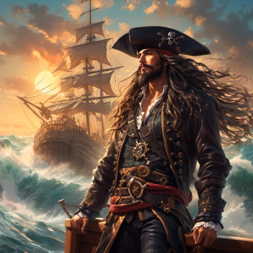 Pirate and Goddess on Ship in Crashing Waves