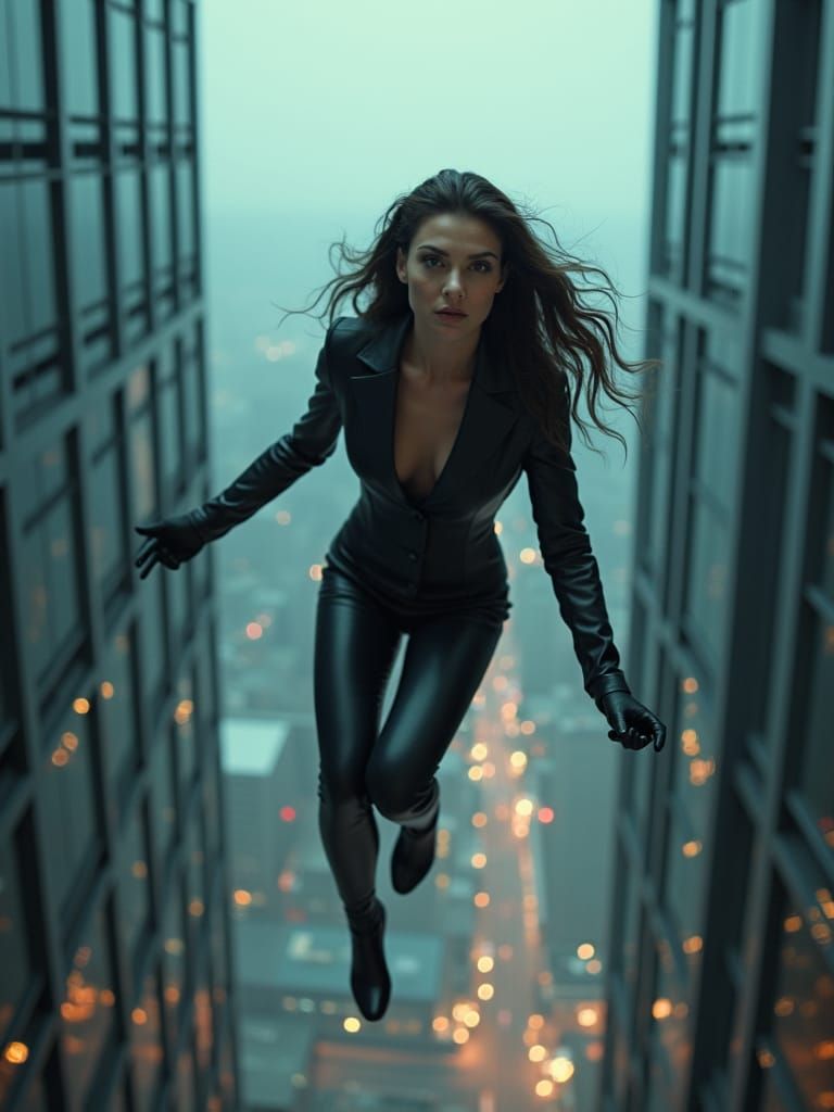 Spy Woman Falling From Skyscraper: Action Movie Scene