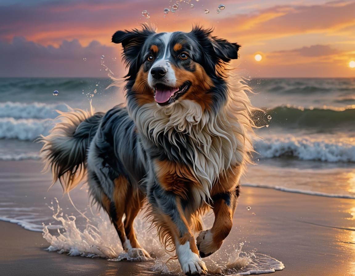Australian Shepherd Born from Ocean Waves at Sunset