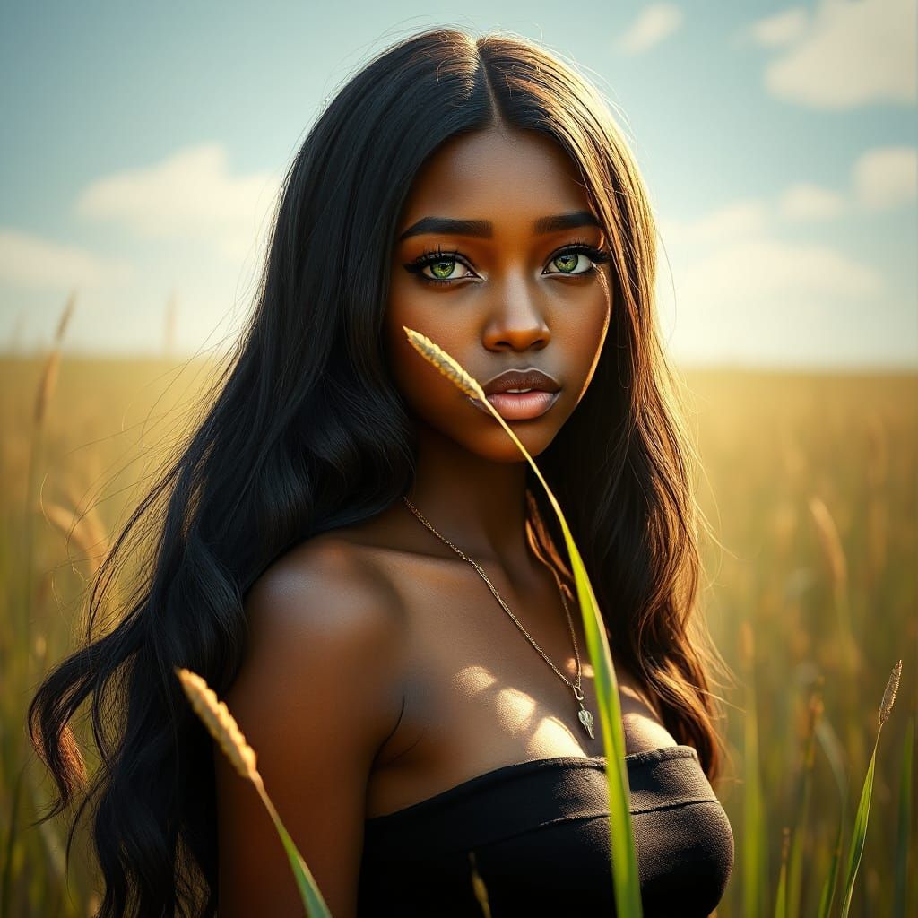 Young Black Woman Stands Serenely in a Vibrant Green Field