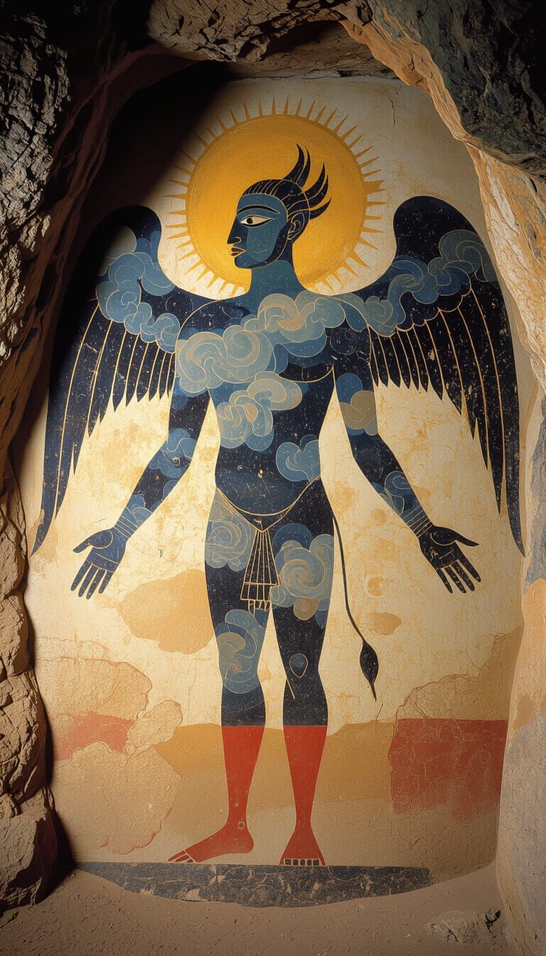 Ethereal Being and Adoring Figure on Ancient Cave Wall