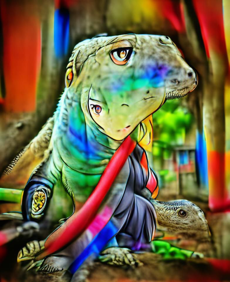 Anime Komodo Dragon in Colorful HDR Style