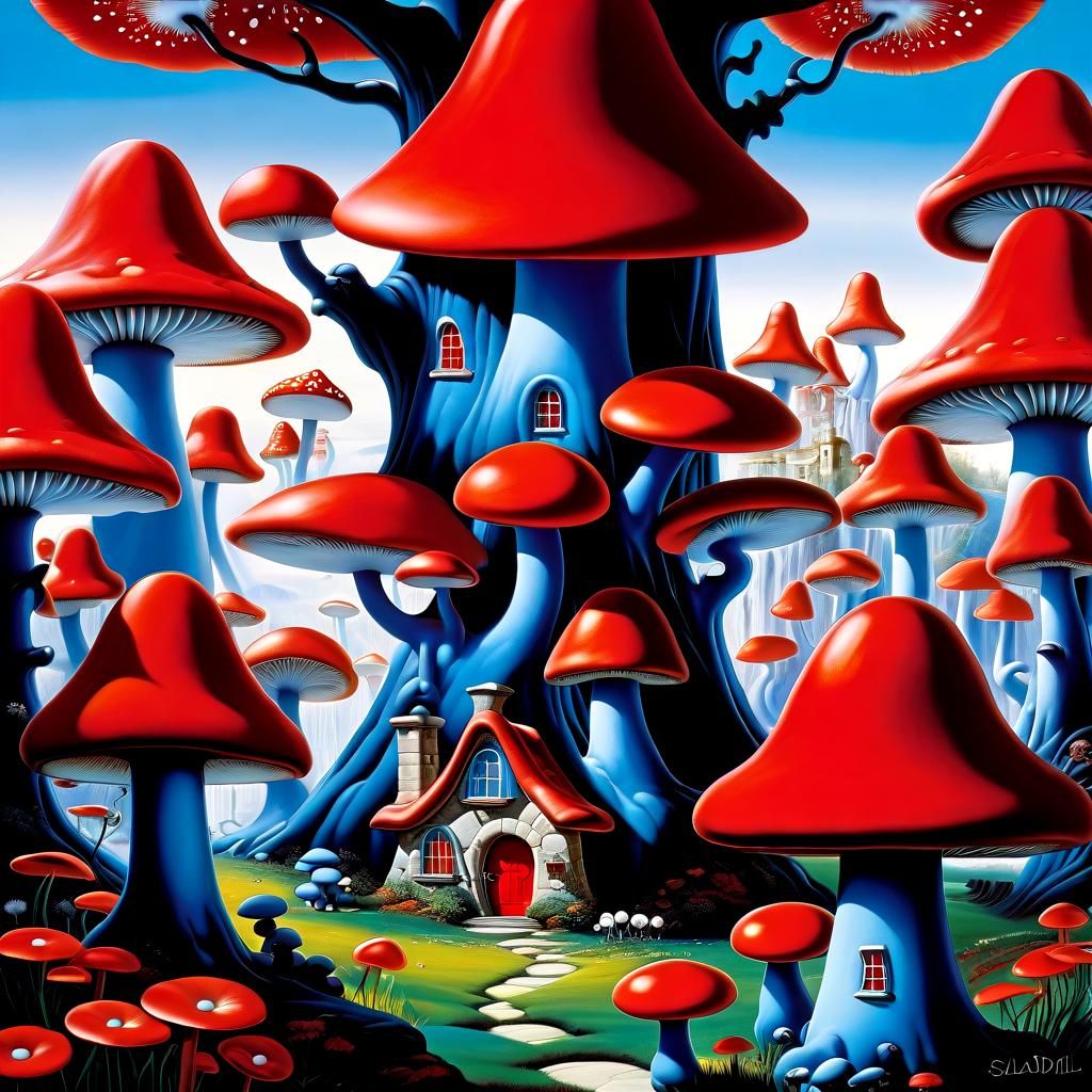 Surreal Smurfs House Amidst Melting Toadstool Tree