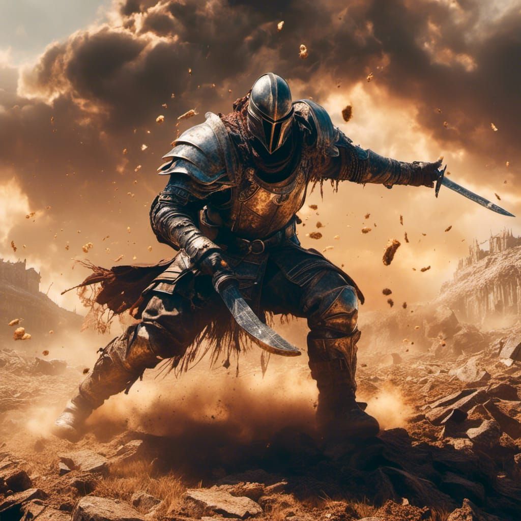 Epic Medieval Soldier Landing with Golden Runes