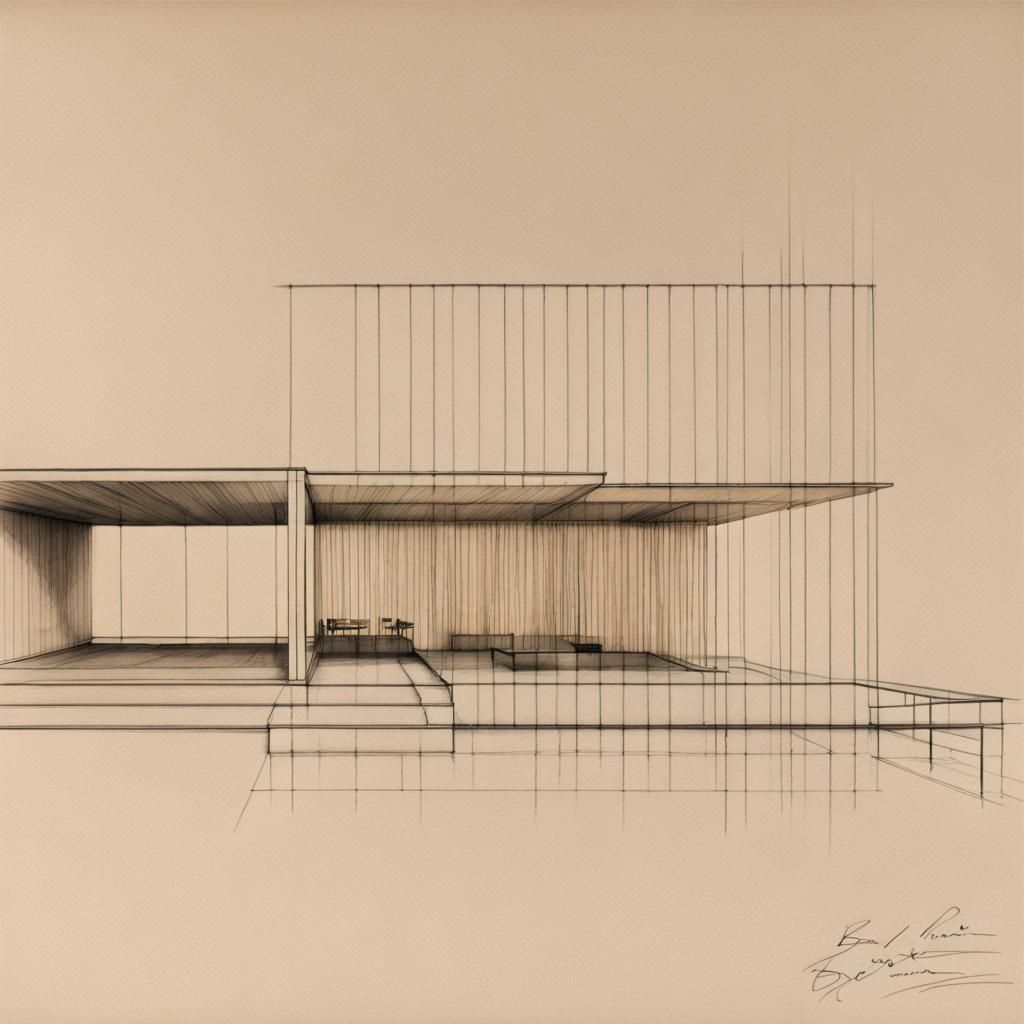 Barcelona Pavilion: Architectural Sketch in Ink