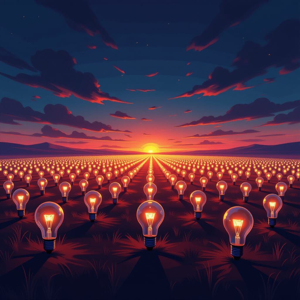 Surreal Light Bulb Field in Oil Painting Style