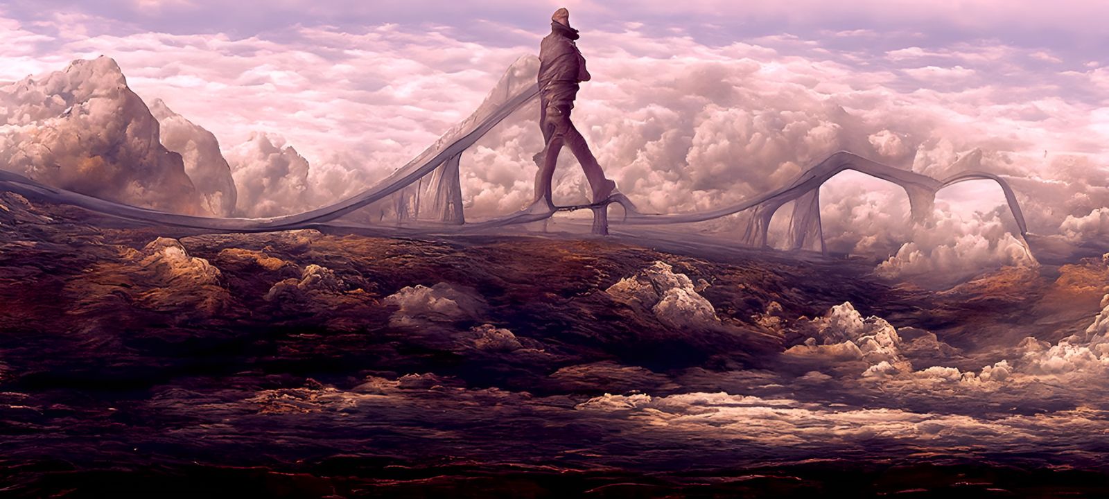 Surreal World Walker on Metal Arch, 3D Render
