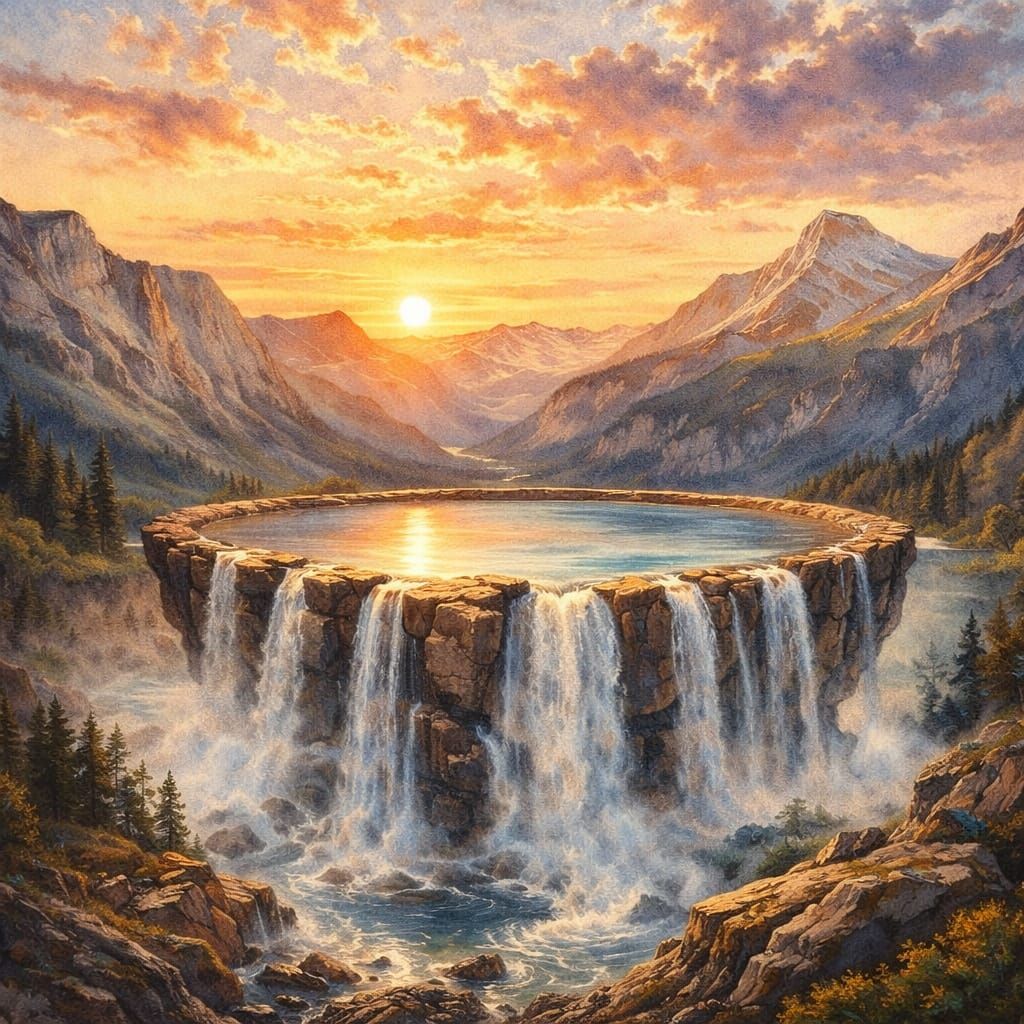 Watercolor Lake on Rocky Pedestal at Sunset