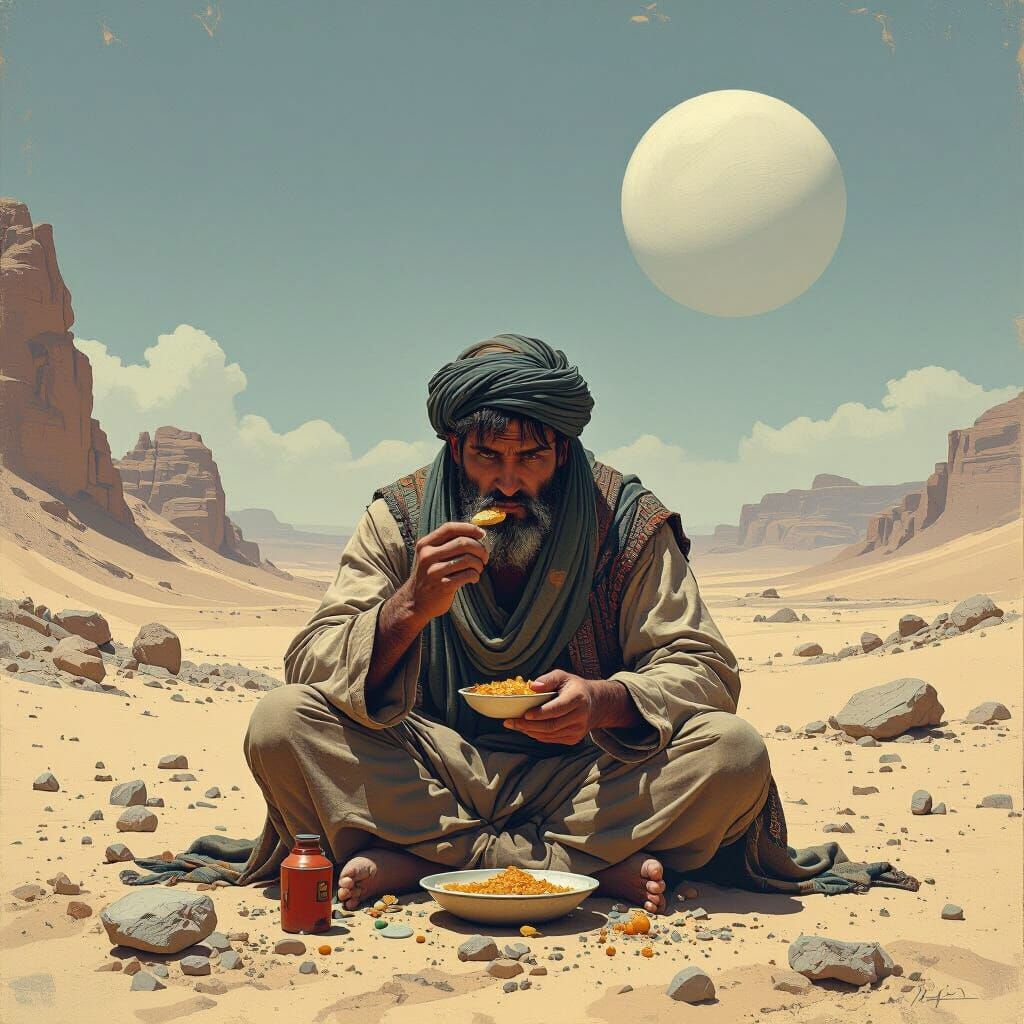 Afghan Man in War-Torn Desert, Gritty Illustration