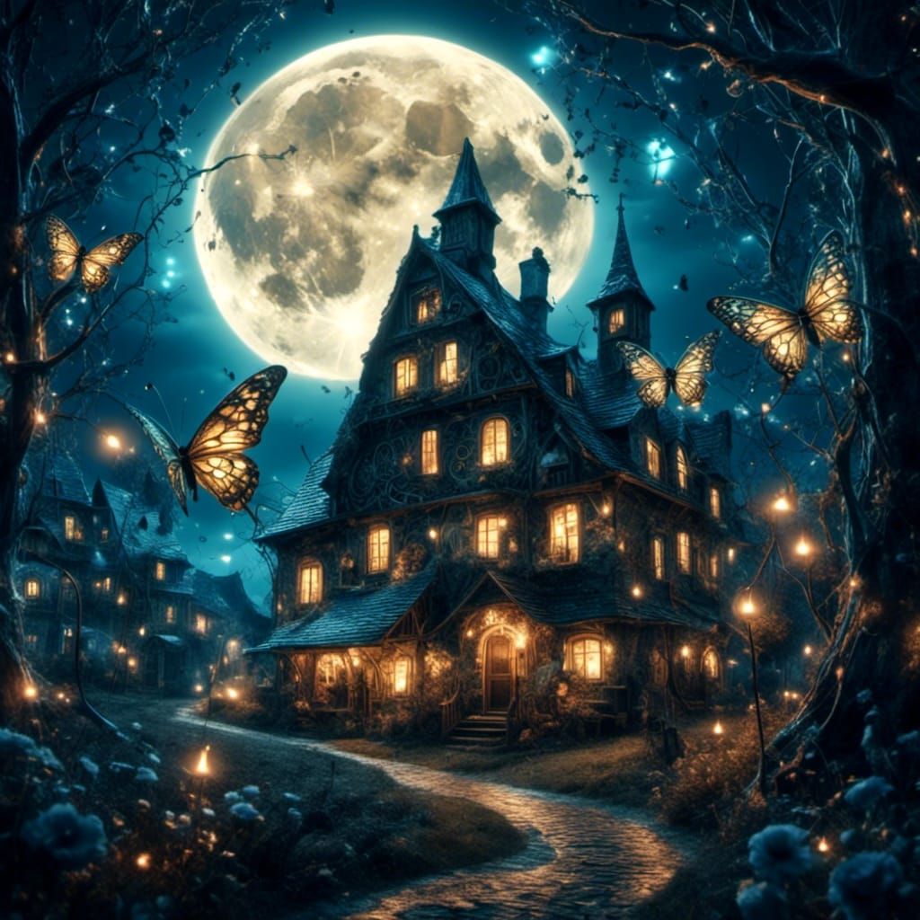 Luminous Butterfly Looms Over Village, Fantasy Art