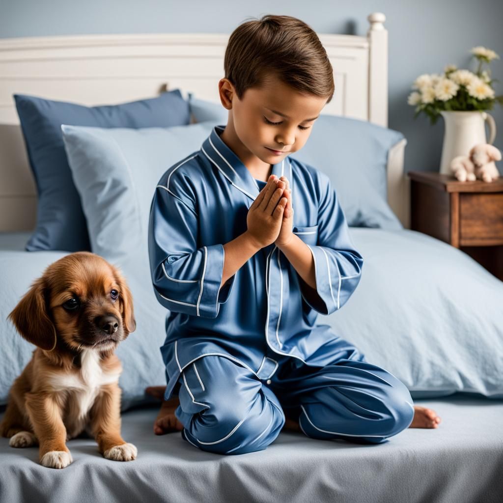 Boy and Puppy Praying Together