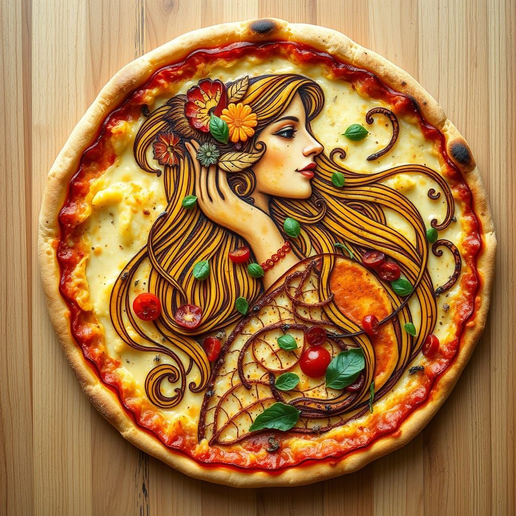 Art Nouveau Pizza Portrait with Flowing Hair