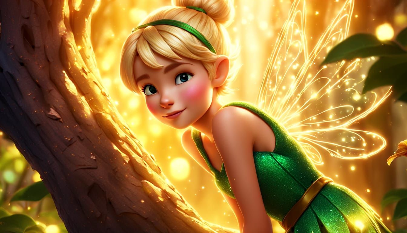 Tinkerbell on a Tree Branch in Disney Cartoon Style