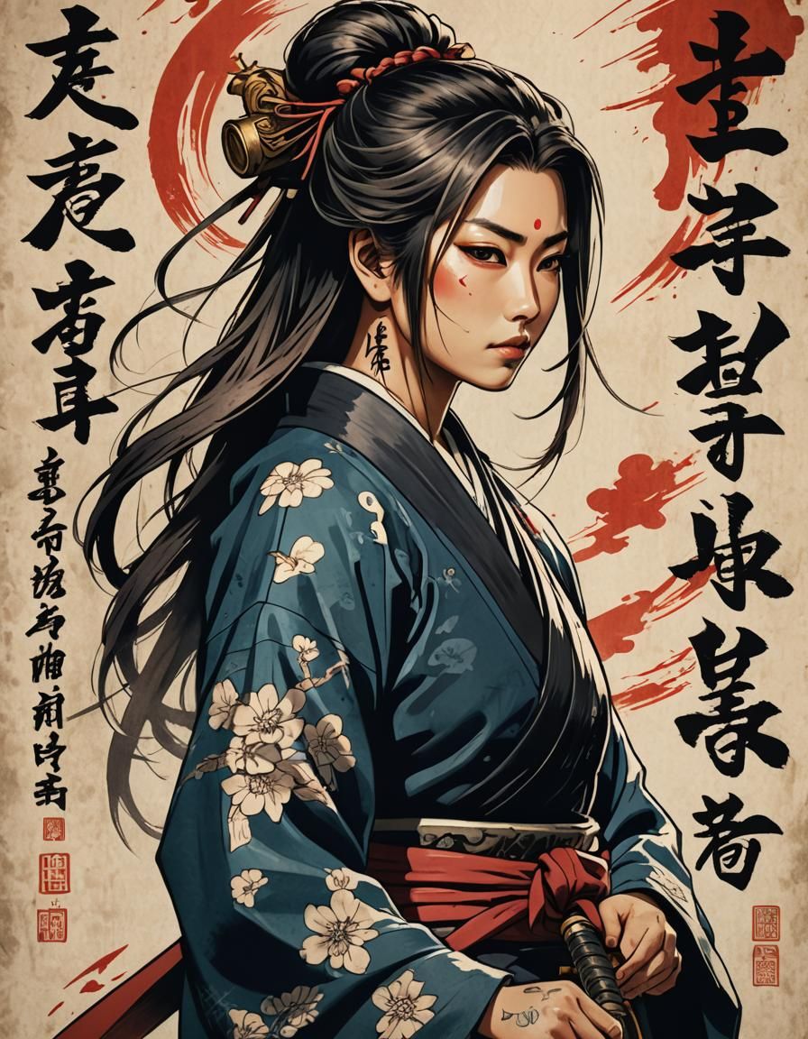 Samurai Woman Portrait in Anime Cel-Shaded Style