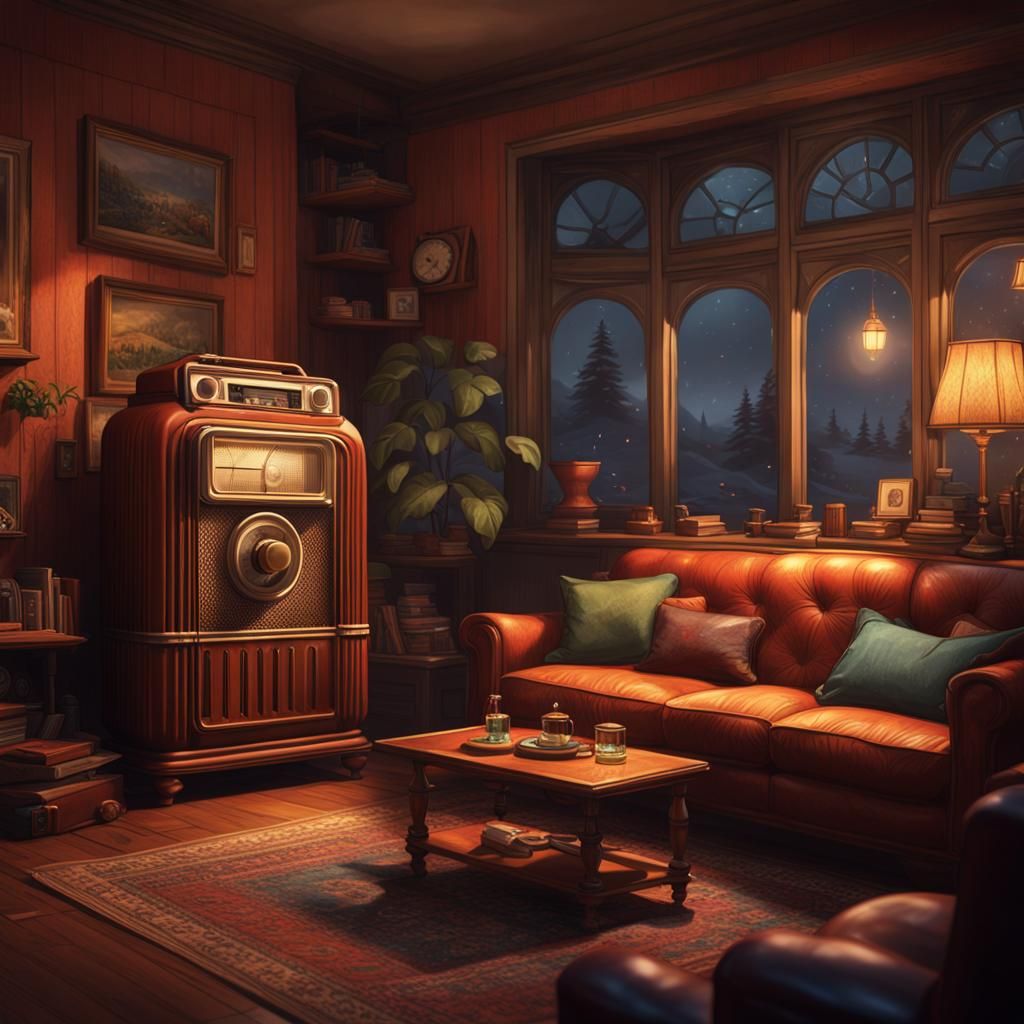 Nostalgic Radio Broadcast in Cozy Living Room