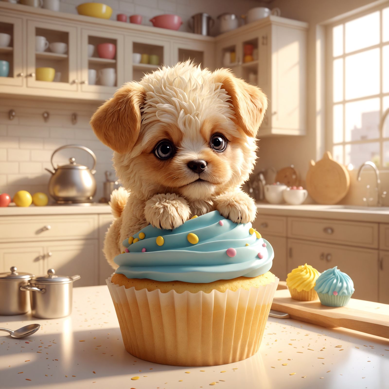 Puppy on Cupcake in Sunlit Kitchen: 3D Animation