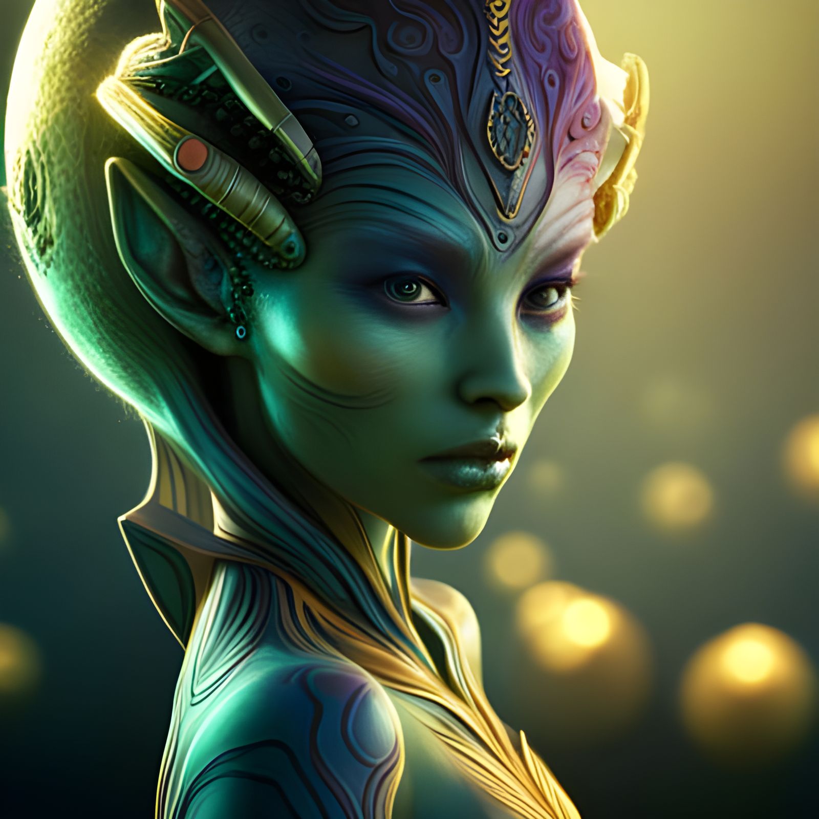 closeup of a beautiful female alien at a beauty contest